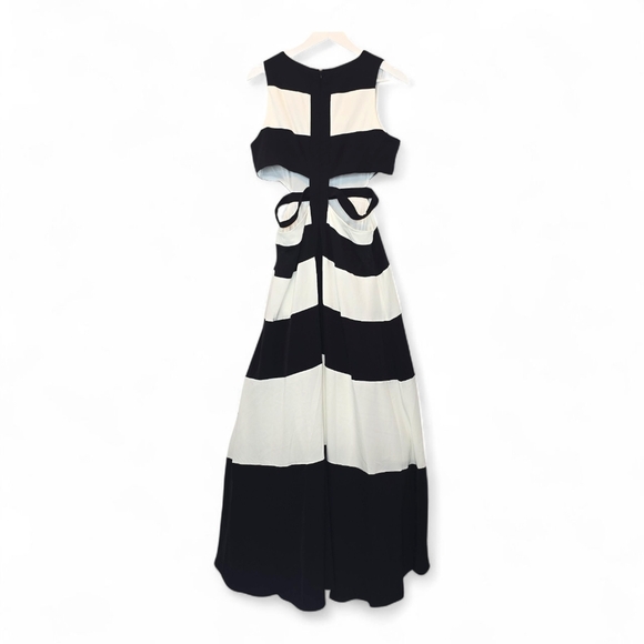 GRACIA Cutout Maxi Dress Bold Stripe Hi-Low Hem B&W Sz Large Gown Mod Minimalist - Picture 8 of 16